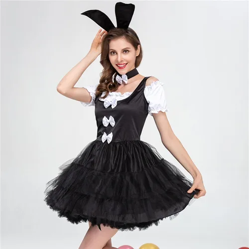 Vista 4 de DSODAN Women Casual Fashion Retro Gothic Bunny Dress Round Neck Dress Mini Mesh Dress