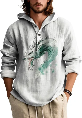 Vista 9 de Sudadera con capucha con estampado novedoso para hombre, multiestilo, manga larga, casual, con botones de un cuarto