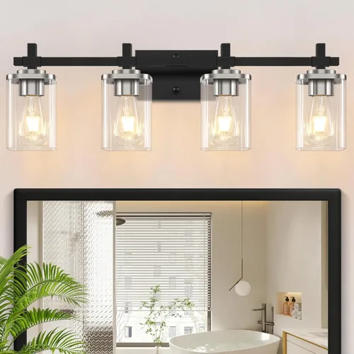Vista 22 de 2 luces de tocador de baño, accesorios de luz de tocador negro mate sobre espejo, apliques de pared modernos con pantalla de vidrio transparente