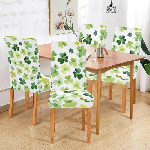 Vista 6 de Juego de 2 fundas elásticas para sillas de comedor con trébol del día de San Patricio, fundas protectoras extraíbles y lavables para comedor