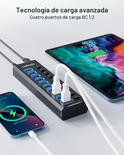 Vista 5 de Hub USB alimentado 3.0, Leinsis Hub USB 3.0 de 10 puertos [aluminio duradero] 10 puertos de transferencia de datos + 4 puertos de carga inteligente