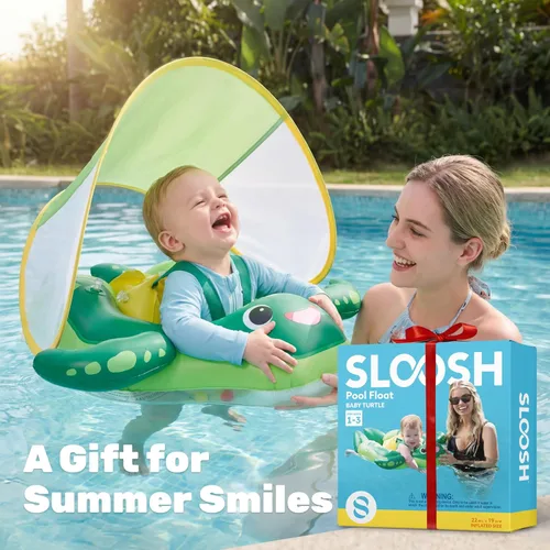 Vista 6 de Sloosh Flotadores de natación para bebés con toldo extraíble, flotador inflable para piscina para bebé, diseño de tortuga marina, anillo de natación