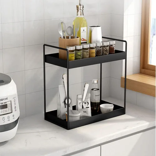 Vista 4 de Estantería de 2 niveles para baño, encimera de almacenamiento, organizador de cosméticos, soporte para especias de cocina, color negro.