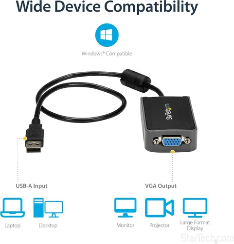 Vista 4 de StarTech Adaptador USB 2.0 a VGA, convertidor de monitor USB a VGA para Windows, 1440x900 (sin soporte para macOS/ChromeOS/Linux)