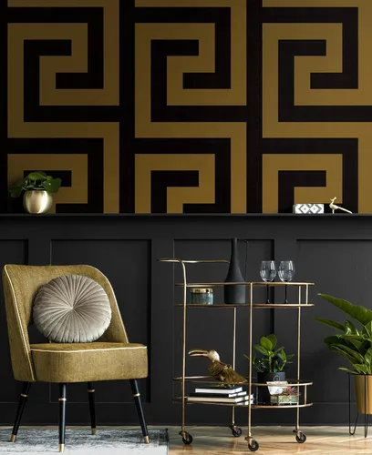Vista 5 de NextWall Laberinto Geo - Papel tapiz autoadhesivo (ébano y dorado)