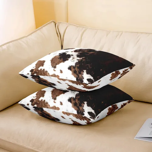 Vista 3 de Juego de 2 fundas de almohada con estampado de piel de vaca de 16"x16", fundas de cojín de piel de vaca para sala de estar, dormitorio, casa