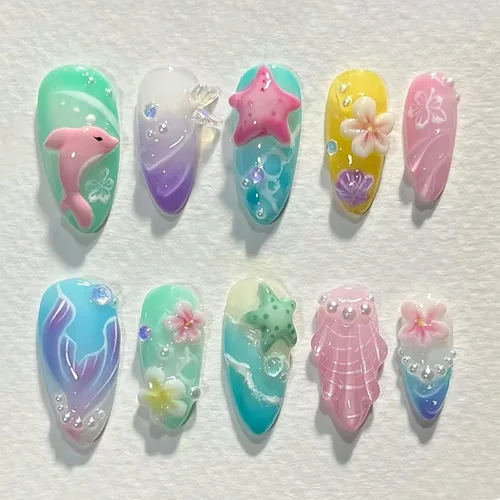 Vista 15 de Uñas postizas cortas en forma de almendra SWEKKE con punta francesa, uñas falsas con diseños de flores 3D en amarillo y rosa, uñas adhesivas