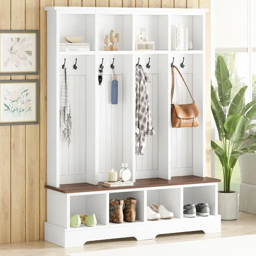 Vista 31 de JIVOIT Farmhouse Wood Hall Tree with Coat Hooks, Cabinets, 4 Drawers, Hooks (Ancient White/ 091)