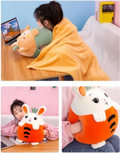 Vista 3 de YUDONG Juego de manta y almohada de viaje para niños, adorable almohada multifuncional 3 en 1 de felpa de frutas con diseño de calentador de manos