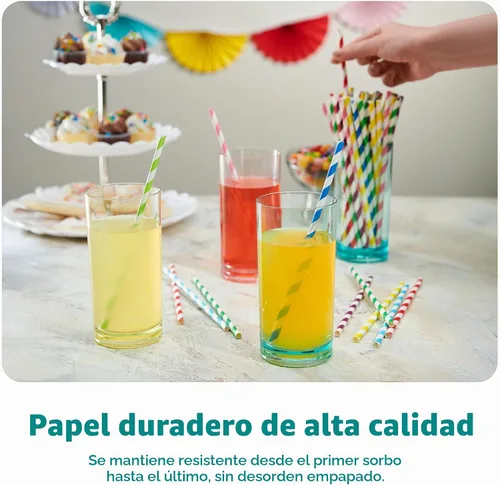 Vista 3 de GUSTO Paquete de 200 popotes de papel a rayas, resistentes y no se empañan, 100% biodegradables, tinta apta para alimentos y varias capas para un