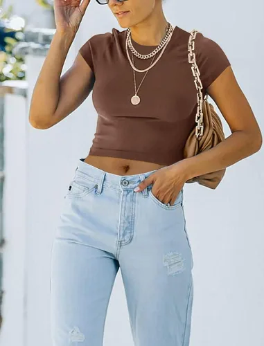 Vista 3 de REORIA Lindas camisetas ajustadas de manga corta con cuello alto y doble forro para mujer