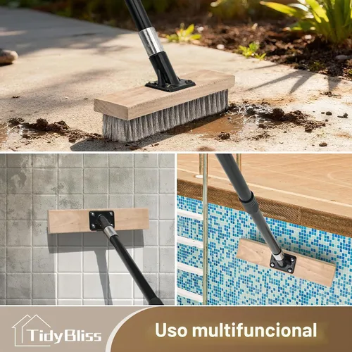 Vista 6 de TidyBliss Cepillo de alambre de acero inoxidable con mango largo, escoba rígida de metal resistente, removedor de musgo para exteriores para piso