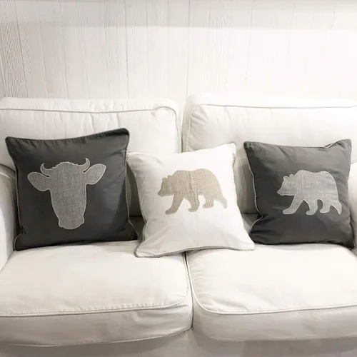 Vista 6 de Fundas de almohada decorativas con diseño de oso, fundas de cojín bordadas de algodón y lino, 45,7 x 45,7 cm (gris)