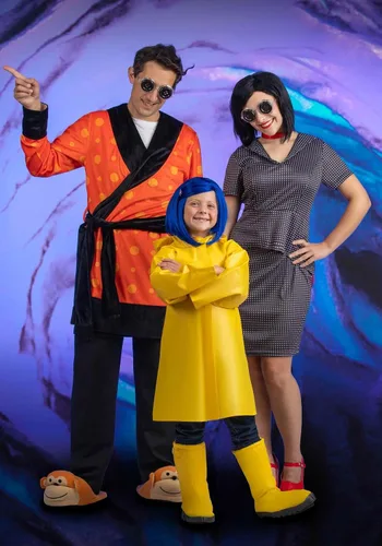 Vista 3 de Fun Costumes Adult Coraline Costume Women's Yellow Hooded Rain Jacket Outfit with Boot Covers, Blue Wig & Dragonfly Pin