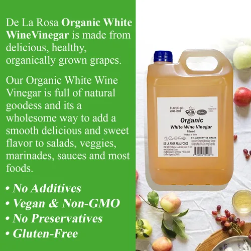 Vista 3 de De La Rosa - Vinagre de vino blanco orgánico, envejecido en barricas de madera españolas, vegano, sin OMG y sin gluten, Kosher para Pascua, ideal