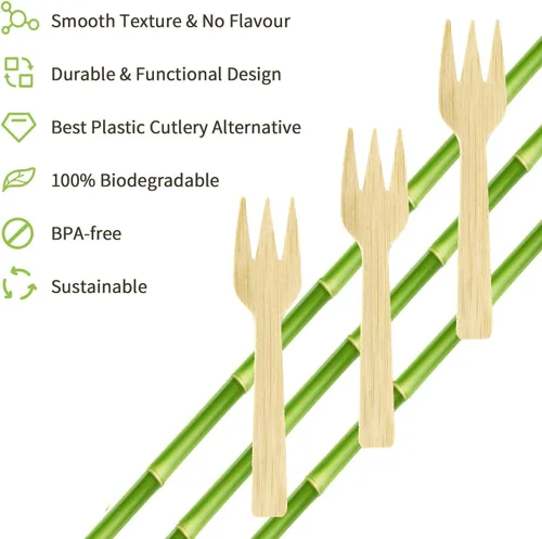 Vista 3 de Utensilios de bambú 200PK Mini tenedores de bambú 3.54 pulgadas desechables pequeños 100% biodegradables compostables cubiertos cubiertos
