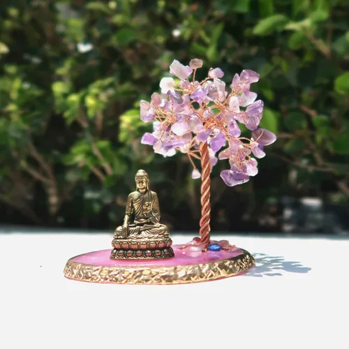 Vista 5 de Estatua de Buda con Árbol de Cristal Sanador, Árbol de la Vida para Energía Positiva. Decoración del Hogar para Yoga y Meditación. Amatista.(A)