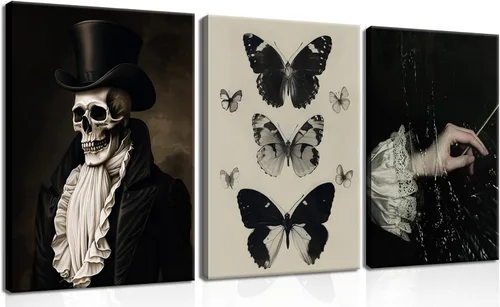 Vista 12 de Juego de 3 lienzos góticos para pared, diseño de rosas románticas de Halloween, decoración de pared, pósteres de calavera de cuervo gótico oscuro