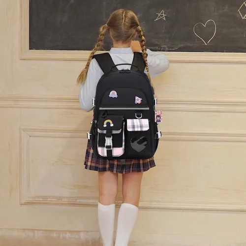 Vista 5 de Mochila para niñas - Mochila para libros, mochila escolar para niñas, niños, adolescentes, mujeres, casual, 1 unidad de color negro., Mochilas