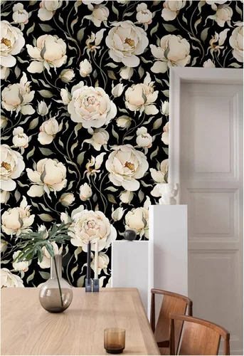 Vista 2 de HAOKHOME Papel tapiz autoadhesivo para despegar y pegar, diseño floral de rosas vintage, peonías, papel de contacto extraíble, negro/beige/oliva
