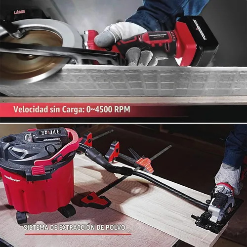 Vista 4 de Sierra mini circular inalámbrica PowerSmart de 20 V y 4-1/2 pulgadas con batería de 4.0 Ah y cargador rápido, 4 cuchillas ideales para cortes