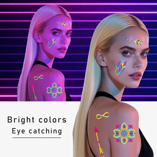 Vista 5 de Suministros de fiesta con tatuajes temporales que brillan en la oscuridad 192+ PIEZAS, Tatuajes faciales reactivos de neón UV con luz negra