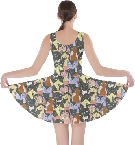 Vista 2 de CowCow Vestido corto de patinadora casual para mujer vestido de verano encantador con patrón de gatos vestido de patinadora talla XS - 5XL Negro