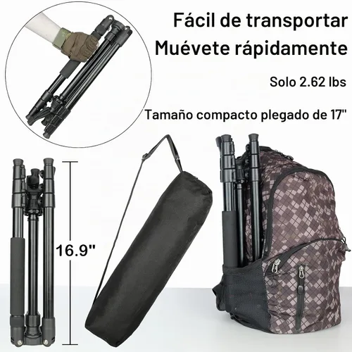 Vista 6 de Trípode de disparo ajustable para rifles, bastón de disparo con bloqueo de nivel, trípode monópode bípode 3 en 1, altura de 22.8″-61″, aleación