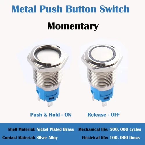 Vista 2 de 5pcs 0.630 in Metal Impermeable Anti-Vandalismo Momentario Interruptor de Botón Botón Auto-Reset Silver Shell 5/8" Orificio de montaje, 12V-24V ON