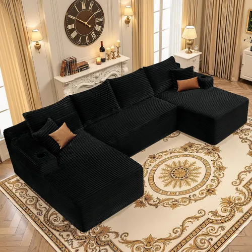 Vista 26 de Sofá seccional negro de 96.9 pulgadas, sofá modular de pana sin hueso con resortes y espuma de alta resistencia, asiento profundo compacto de gran