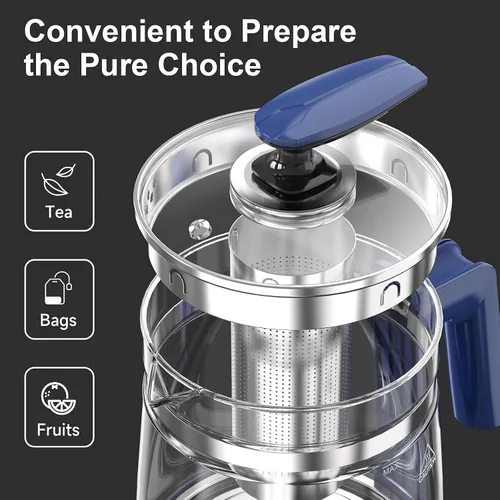 Vista 10 de Hervidor eléctrico, 1.5 L, vidrio borosilicato, hervidor de agua caliente eléctrico y tetera para café o té, sin BPA, apagado automático, acero Azul