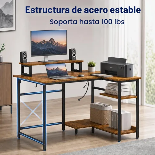 Vista 8 de DEVAISE Escritorio compacto para juegos en forma de L de 43 pulgadas con luces LED, marrón rústico
