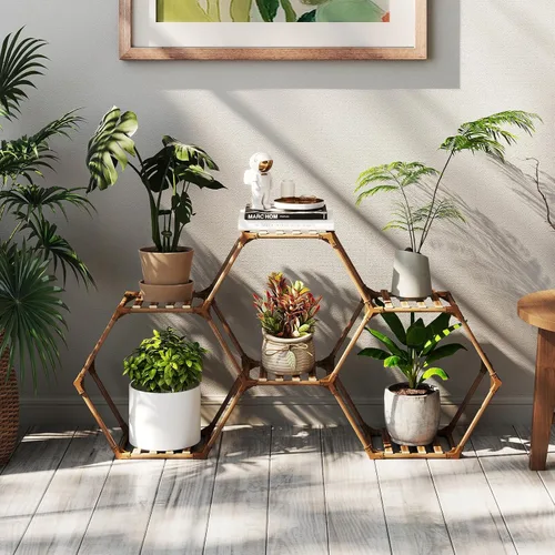 Vista 12 de Tikea Soporte para Plantas de Interior y Exterior Soporte Hexagonal de Esquina para Plantas Suculentas Plantas Pequeñas Estante de Madera