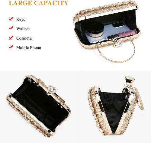 Vista 5 de UBORSE Bolso de mano de cristal de pavo real para mujer, bolsos de noche, con diamantes de imitación formales, con purpurina, para boda, novia