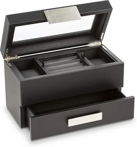 Vista 5 de Glenor Co Valet - Caja de reloj de joyería para hombres organizador moderno de textura de fibra de carbono con parte superior de cristal cajón