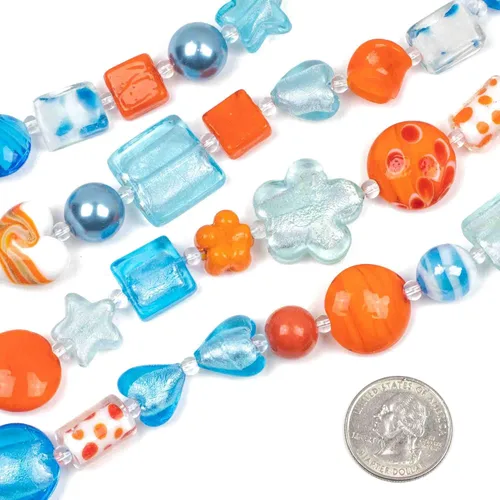 Vista 2 de Cherry Blossom Beads Cuentas mixtas hechas a mano de cristal de lámpara aguamarina y naranja, 4 hebras surtidas de 8 pulgadas Mezcla Aqua y Naranja