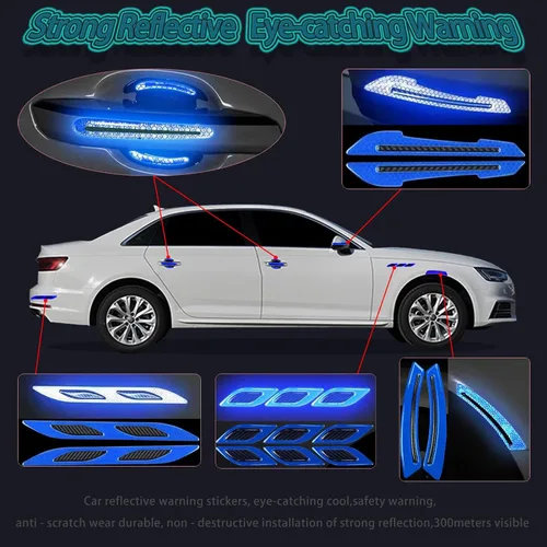 Vista 3 de Juego de 16 calcomanías reflectantes para automóvil, calcomanías de advertencia de espejo, protector de manija de puerta de automóvil, protector Azul
