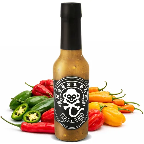 Vista 13 de Monoloco Salsa picante vegana sin gluten con gorro escocés panameño, rocoto, pimientos de cayena y pimientos fantasma, ajo y especies naturales