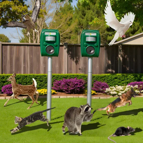 Vista 8 de Repelente solar ultrasónico de animales al aire libre, disuasorio de ardillas para gatos, perros y ciervos activado por movimiento, con luz