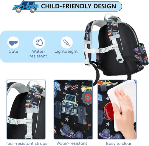 Vista 6 de CAMTOP Mochila para niños pequeños, 12 pulgadas para preescolar y guardería Vehículo negro