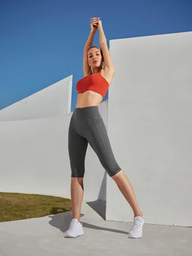 Vista 5 de Ewedoos Leggings hasta la rodilla con bolsillos, pantalones capri para mujer, cintura alta, pantalones de yoga para entrenamiento casual de verano