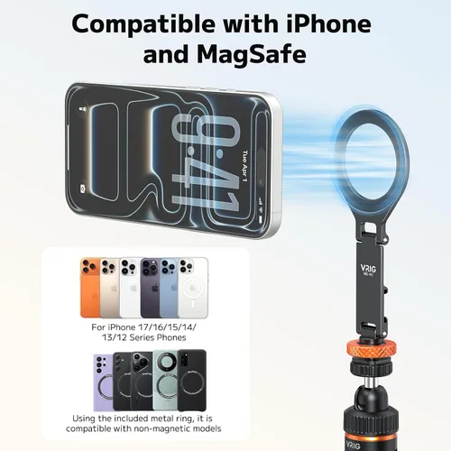 Vista 6 de VRIG MG-40 Soporte magnético para trípode para Magsafe, tres ejes giratorios con rosca de 1/4 y adaptador de zapata fría para cámara, compatible