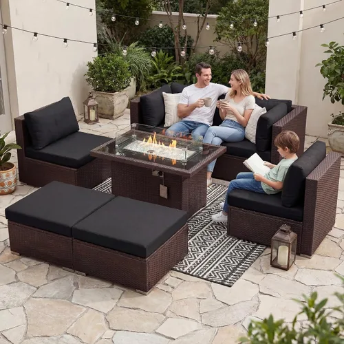 Vista 107 de NICESOUL Juego de muebles de patio de ratán extra grande con mesa para fogata de gas y propano, 29.3 pulgadas, respaldo alto, cómodos conversaciones