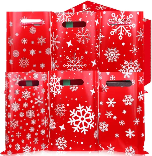 Vista 7 de Sinmoe 200 piezas bolsas de plástico de Navidad a granel, bolsa de regalo de mercancía de Navidad con asa de 9" x 12", reutilizable, bolsa