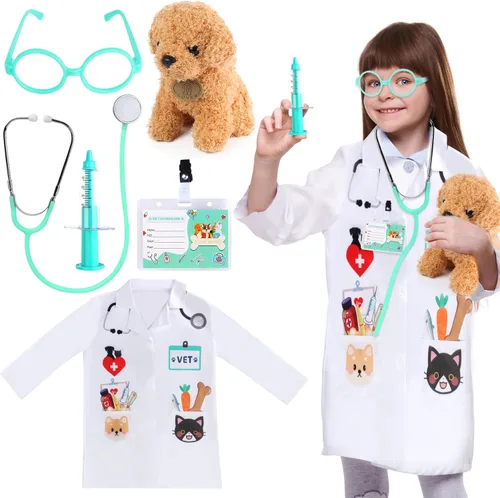Vista 7 de Kyson Disfraz de veterinario para niños, 6 piezas, disfraz de veterinario, juego de simulación para niños y niñas, día de la carrera de Halloween