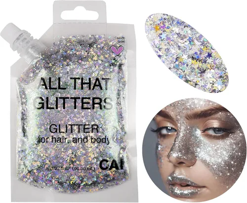 Vista 5 de Gel de purpurina para rostro, cuerpo y cabello, purpurina de Halloween para niños y mujeres, gel de grado cosmético de 3 onzas con luna y estrellas