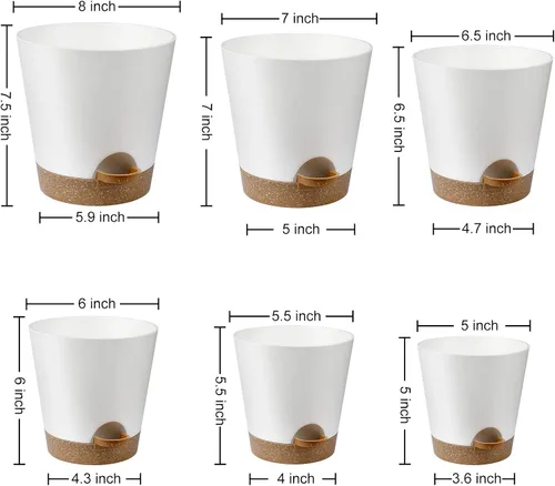 Vista 2 de YNNICO Macetas de riego automático para interiores con agujeros de drenaje y platillos, 8, 7, 6.5, 6, 5.5, 5 pulgadas