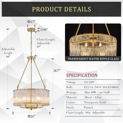 Vista 3 de CATINER Candelabro de cristal de 20 pulgadas, moderno, 6 luces, lámparas de tambor dorado, iluminación colgante de techo de lujo para entrada