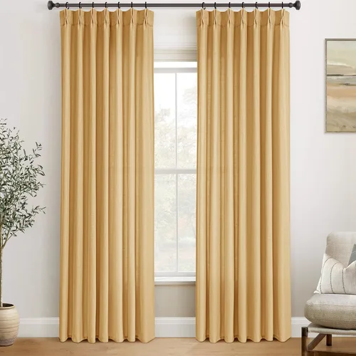 Vista 41 de Cortinas de lino de 63 pulgadas, juego de 2 paneles para sala de estar, beige natural, cortinas con pliegues pellizco entrenadas con memoria