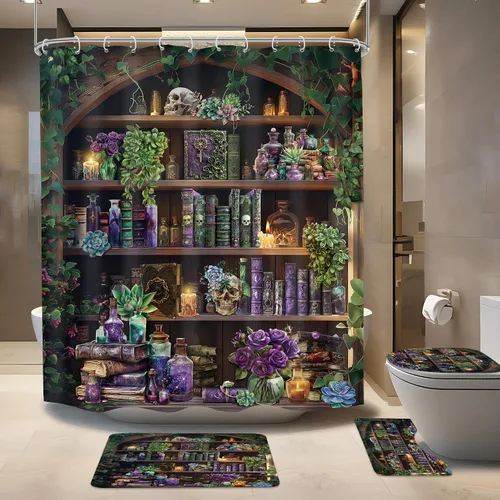 Vista 11 de 4 PCS Cortina de Ducha Divertida de Calavera Esqueleto 72Wx72H Juego de Cortina de Ducha Halloween Juego de Baño Neón Gótico Espeluznante Genial
